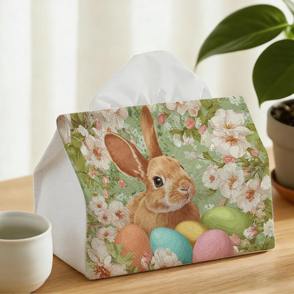 1pc, Easter Egg Bunny Print Tissue Box, Home Decor, Vintage Tissue Holder, Holiday Tabletop Decoration, Creative And Stylish Office Supplies, Christma