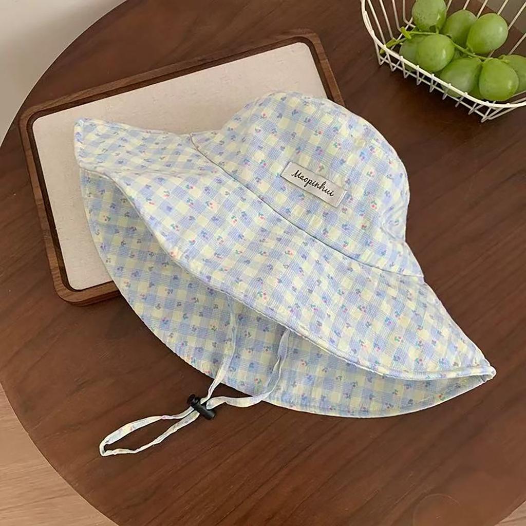 Sweet Plaid Floral Fisherman Hat for Women Summer Large Brim Sunshade Travel Beach Basin Cap Girls Casual Outdoor Lacing Hat