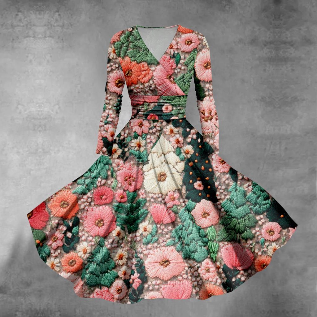 Женское облегающее платье свободного кроя с принтом рождественской елки и снежинок, V-образным вырезом и длинными рукавами