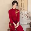 Womens Long Sleeve Winter Cheongsam Dress Red Beige Chenille Jacquard Warm Lined Vintage Style Full Length