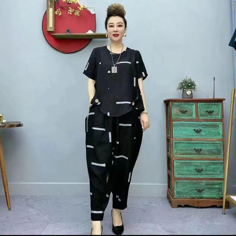 Летний женский брючный костюм, пасторальный модный свободный костюм из двух предметов с короткими рукавами, полосатый хлопко-льняной комплект с футболками и брюками
