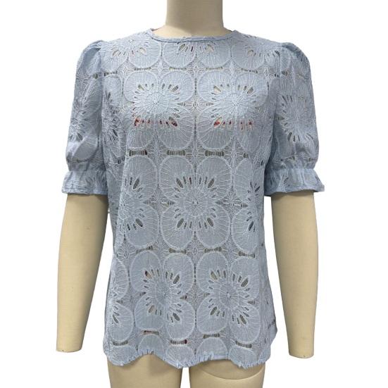 Женские топы с круглым вырезом, буфы, короткий рукав, ажурный кружевной пуловер, однотонные свободные летние футболки