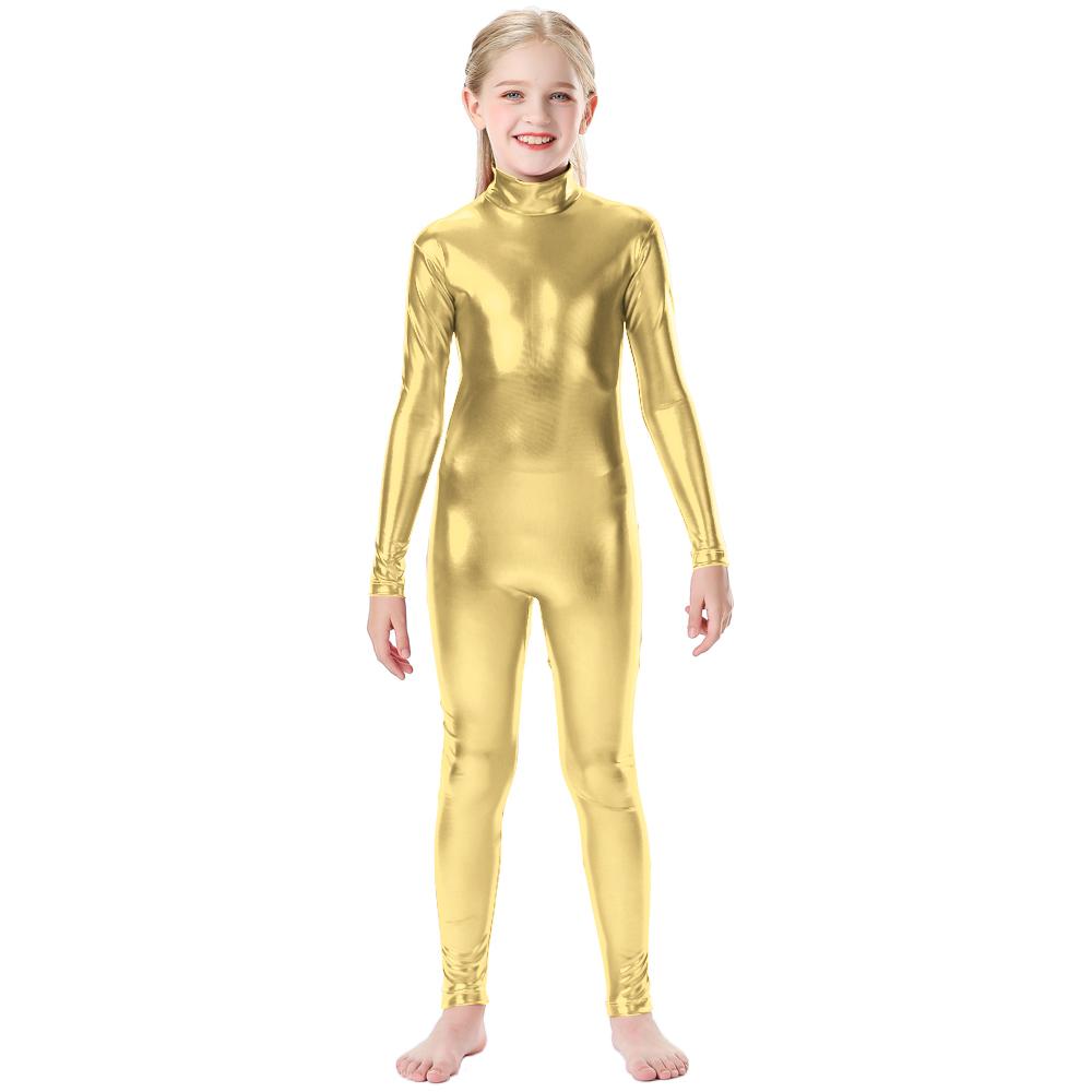 Блестящий металлический комбинезон с воротником-стойкой на молнии сзади, цельный комбинезон с длинными рукавами, детский костюм Wetlook