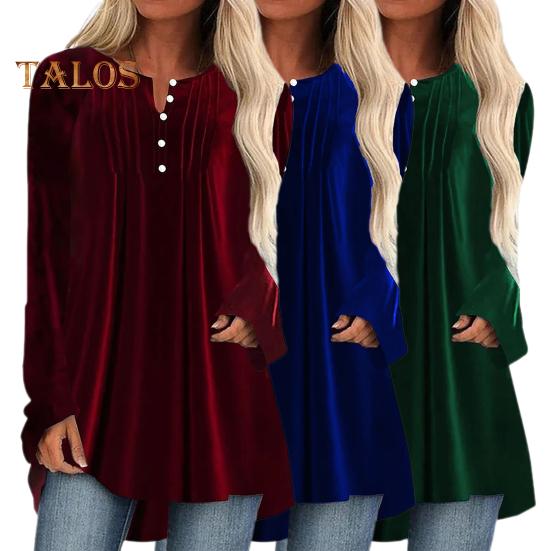 Женская бархатная рубашка с V-образным вырезом, пуговицами, полузастежкой, длинным рукавом, асимметричным подолом, однотонная блузка средней длины