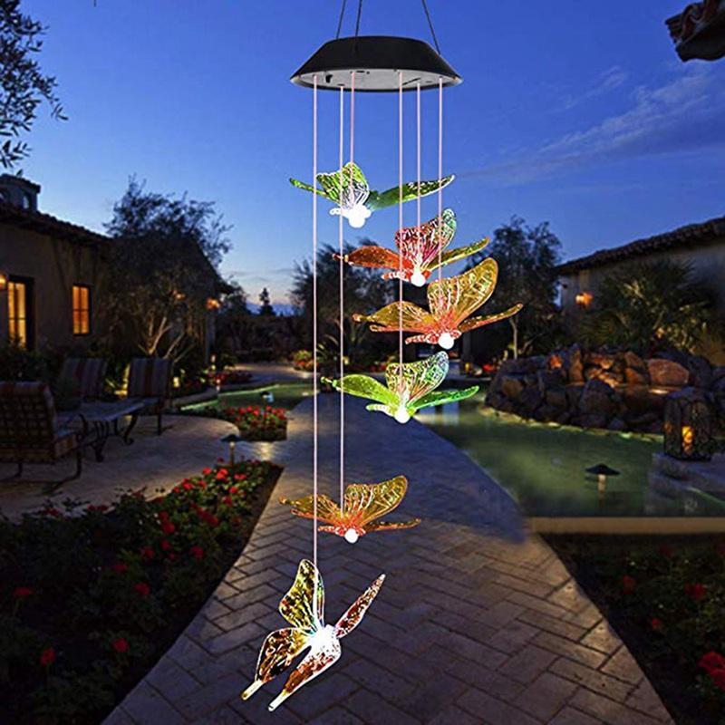 Solar Lights Outdoor Butterfly Dragonfly Hummingbird Wind Chimes Color Changing Waterproof Solar Powered Led Wind String Lights Hanging Lights
