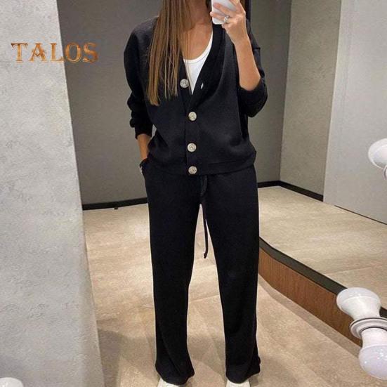2 Pcs/Set Women Shirt Pants Set V Neck Single-breasted Long Sleeves Knitted Loose Top Drawstring Elastic Waist Wide Leg Trousers Sport Tracksuit