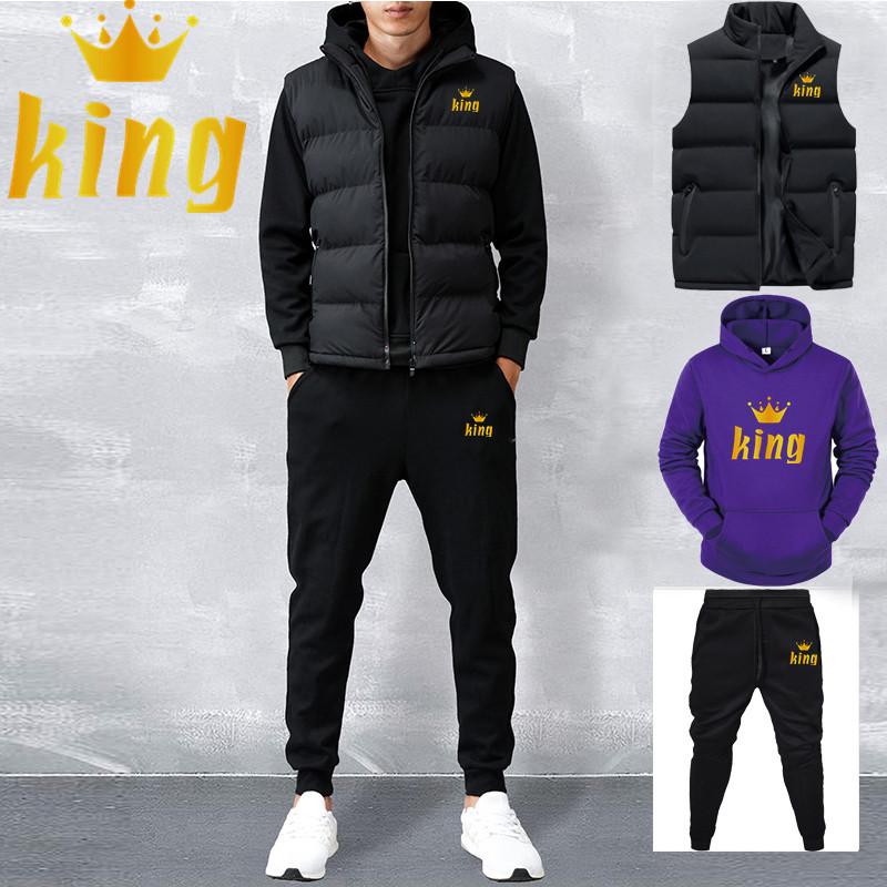 Men Spring Winter Fleece Hoddies Set Casual Sets Vest + Hoodies + Pants 3 Piece Set Male Tracksuit Sportswear Set