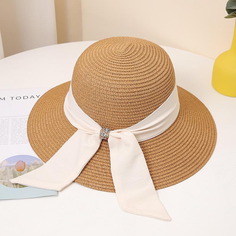 Женская широкополая соломенная шляпа от солнца с элегантным черным бантом, однотонная пляжная шляпа для летних путешествий, классическая защита от ультрафиолета на открытом воздухе