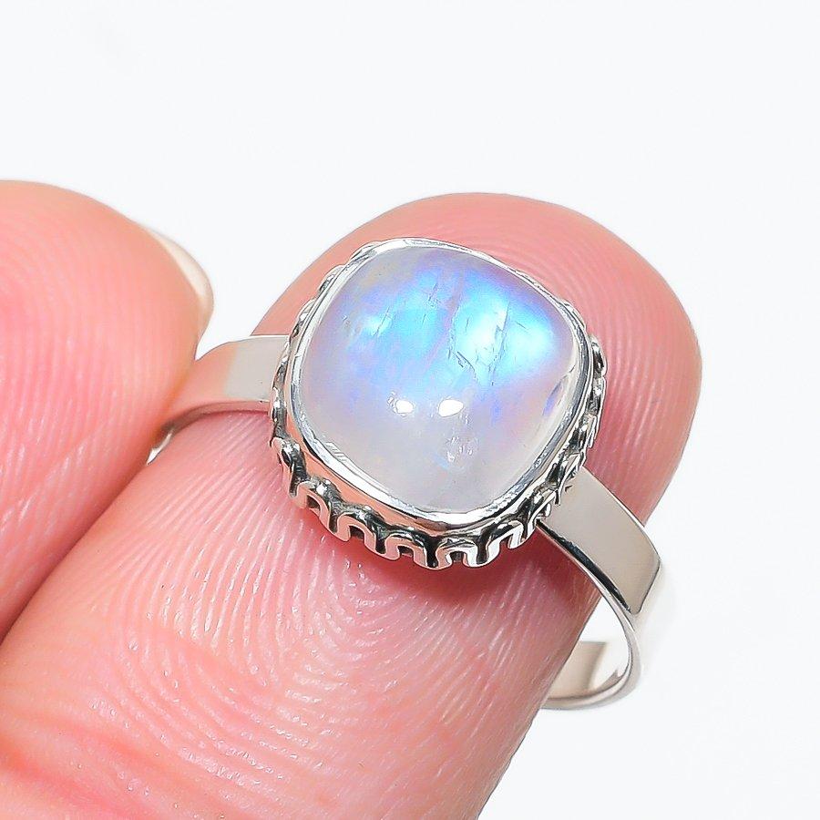 Natural Rainbow Moonstone Gemstone 925 Solid Sterling Silver Gift Ring S.9 S6d08