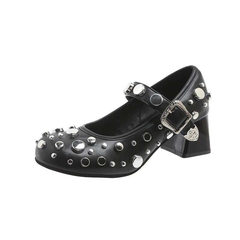 Туфли для женщин 2024 года, высококачественные женские туфли-лодочки с пряжкой, осенние туфли с круглым носком, металлические украшения, однотонные туфли на толстом каблуке