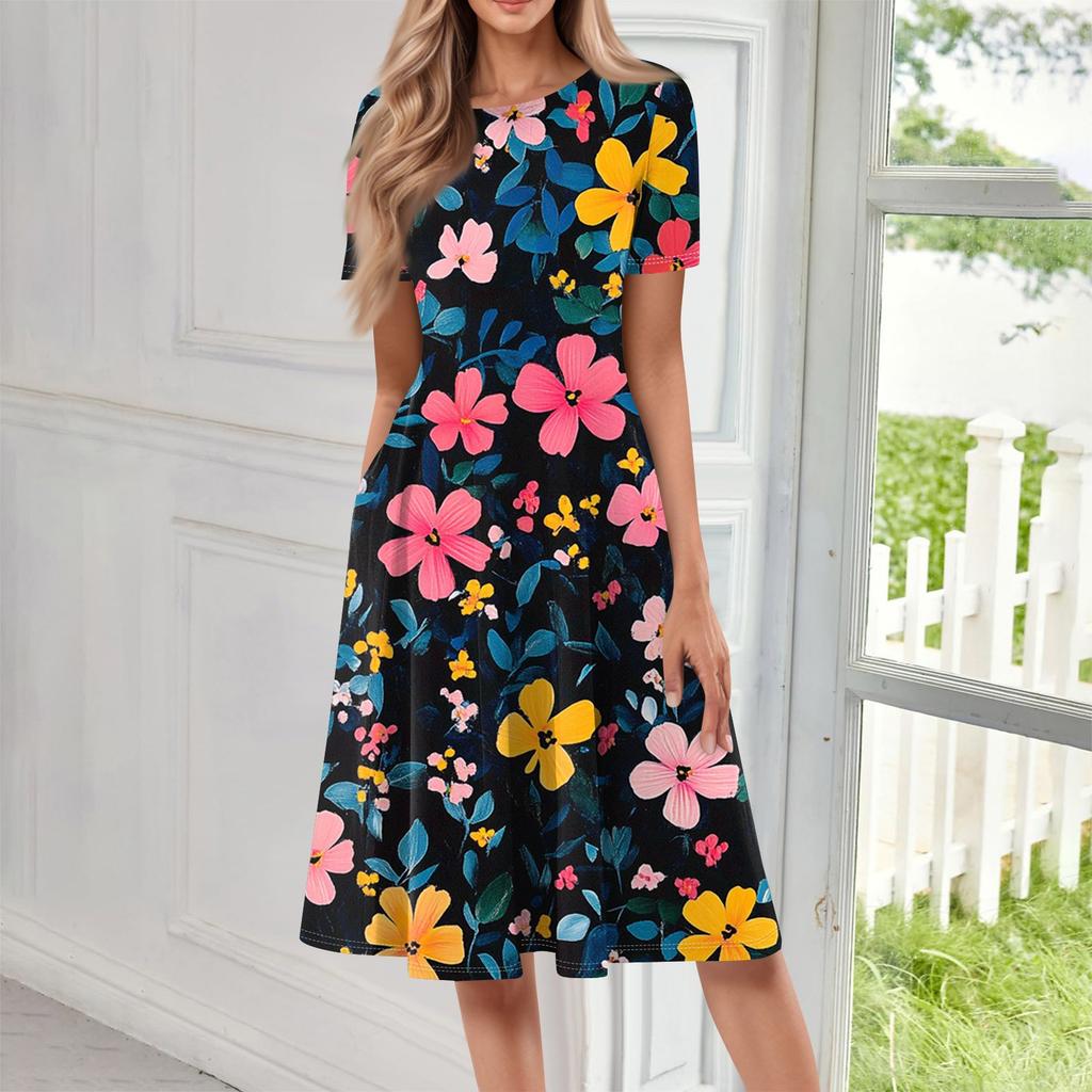 Женское свободное повседневное и модное платье с круглым вырезом и короткими рукавами, средней длины с принтом