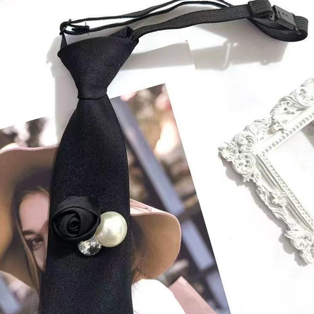 Elegant Womens Black Floral Rhinestones Pearls Pre Tied Neck Tie for Business Meetings and Weddings Adjustable Shirt Tie