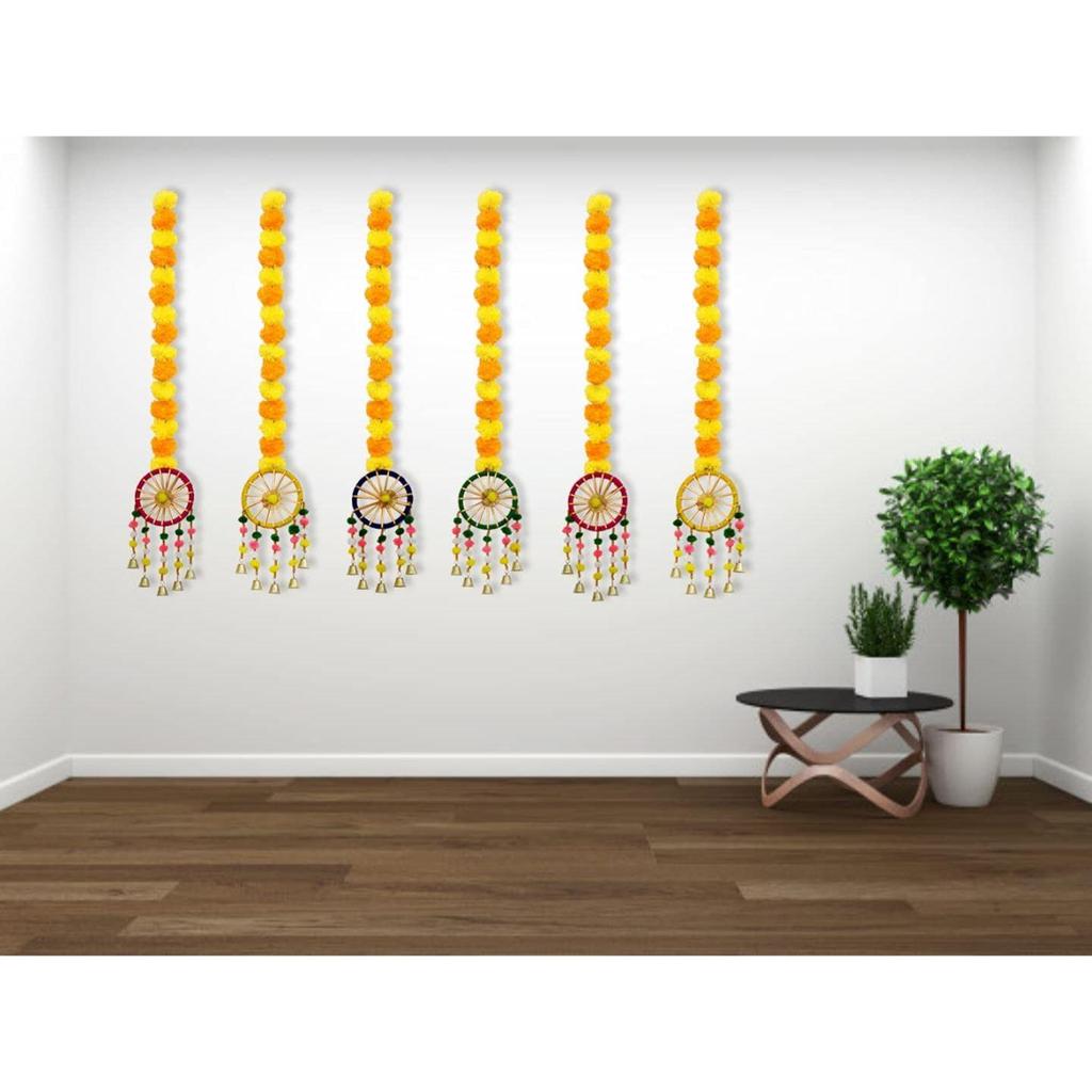 Handmade Marigold Fluffy Flowers with Ring Bell Hanging Latkan Toran For Home, Festival, Wedding, Temple Pooja Room Decoration (Pack of 6)