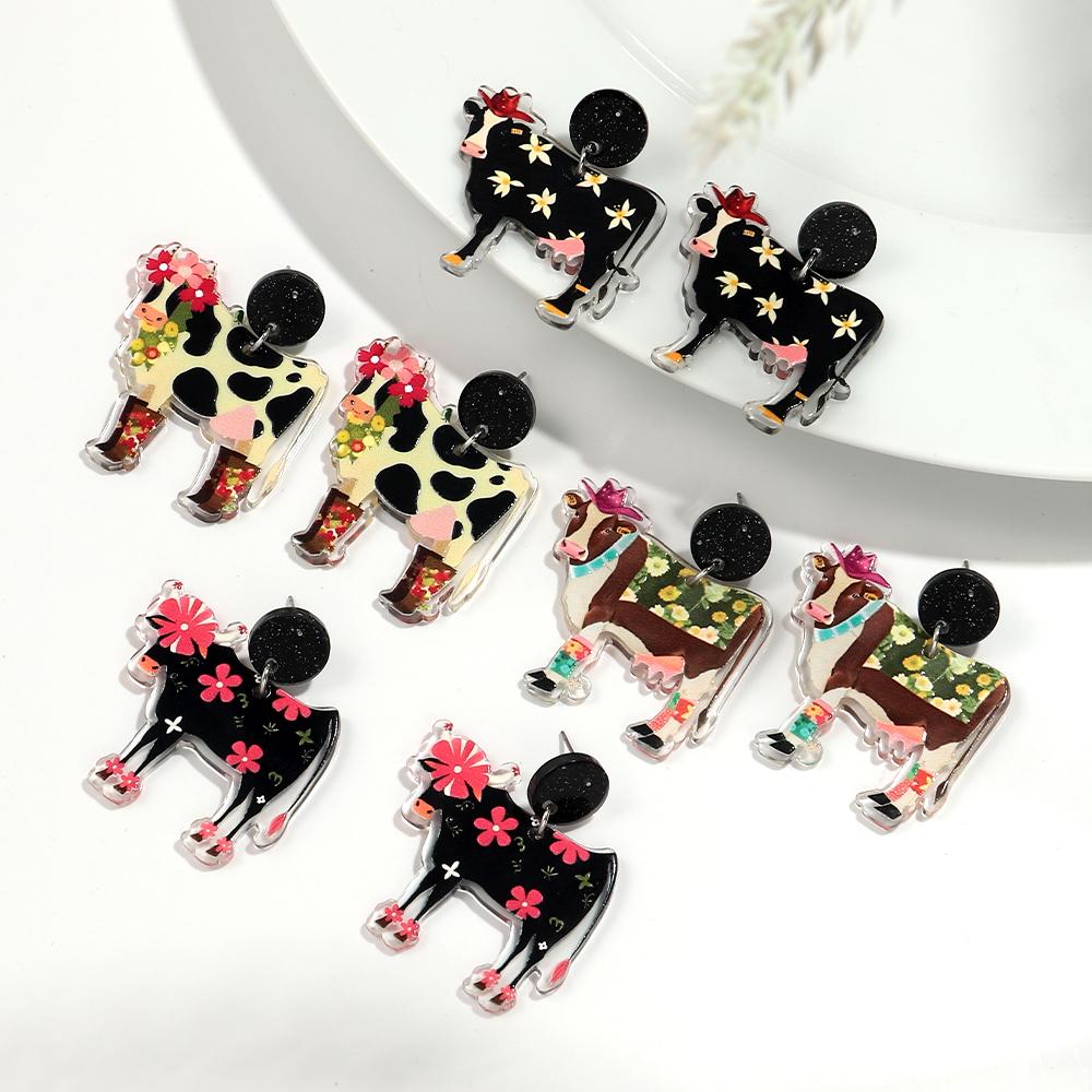 Cute Flower Cow Acrylic Print Earrings for Women Girls New Cartoon Hat Boot Cattle Animals Drop Earring Lovely Jewelry Gifts