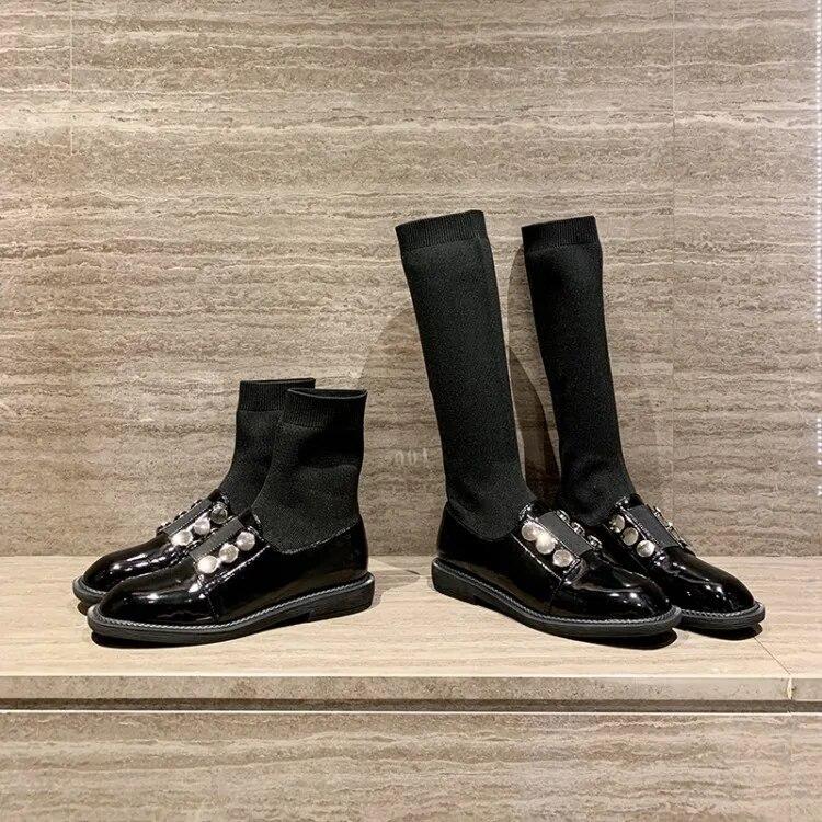 Вязаные эластичные ботинки, женские носки, ботинки, черные туфли из коровьей кожи на плоской подошве, ботильоны с украшениями на пуговицах