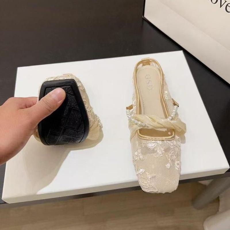 Chinese-style Pearl Mesh Soft-soled Sandals Summer New Shoes Flat-bottomed Bag Head Wearing Half Slippers Women