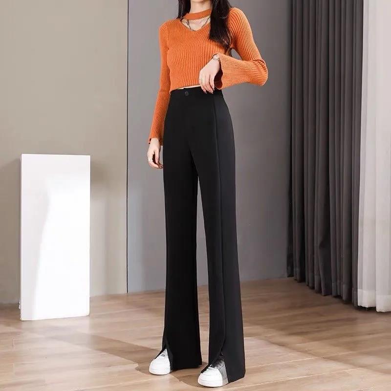 2026 Women's High-Waisted Flowing Black Micro-Flare Wide-Leg Trousers with Slit