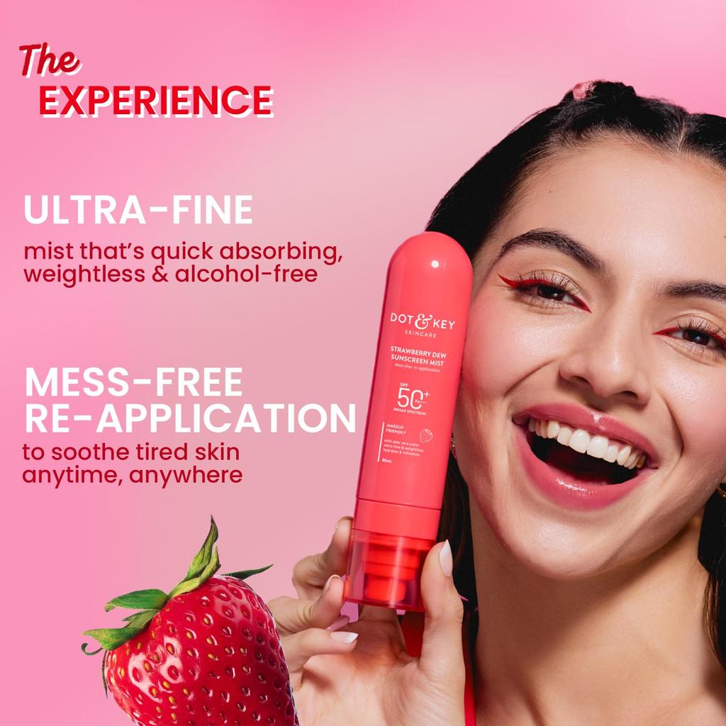 Dot & Key Strawberry Niacinamide Sunscreen Mist SPF 50+ PA+++ Lightweight Makeup Friendly Hydrating Spray 80 ml