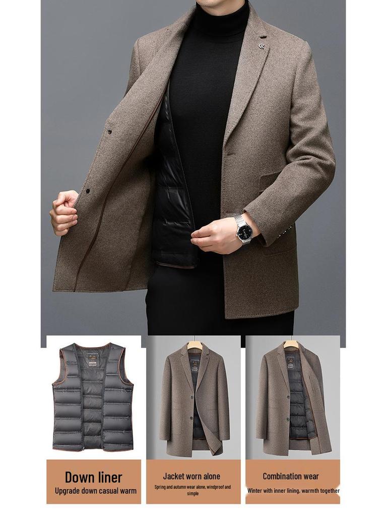 Мужское пальто средней длины премиум-класса из кашемира со съемной пуховой подкладкой и воротником-стойкой для осени/зимы.