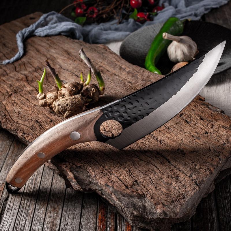 Stainless Steel Large Boning Knife Curved Wooden Non-Slip Handle Slicing Cutting Tool Home Outdoor Practical Cutlery