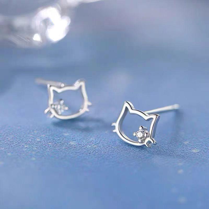 Серьги-гвоздики Hello Kitty с одним бриллиантом и полыми кошачьими ушками для женщин - Не требуют снятия