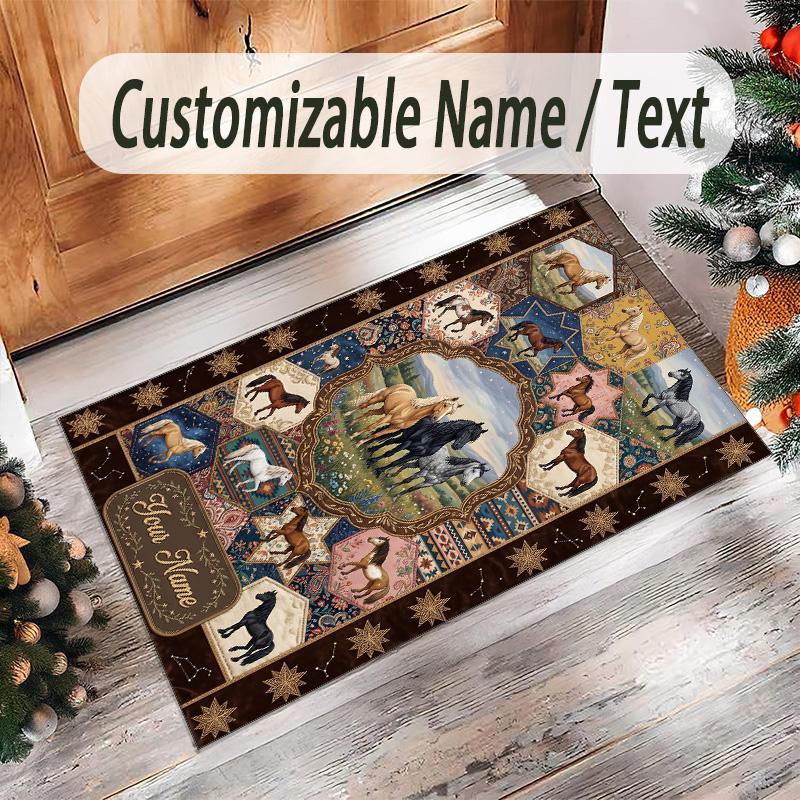 Horse Theme Crystal Velvet Floor Rug Personalized Custom Name Text Warm Carpet Home Decoration