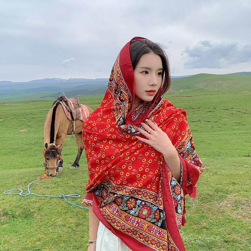 Womens Lightweight Floral Print Scarf With Tassels Ethnic Style Wrap Beach Desert Travel UV Protection