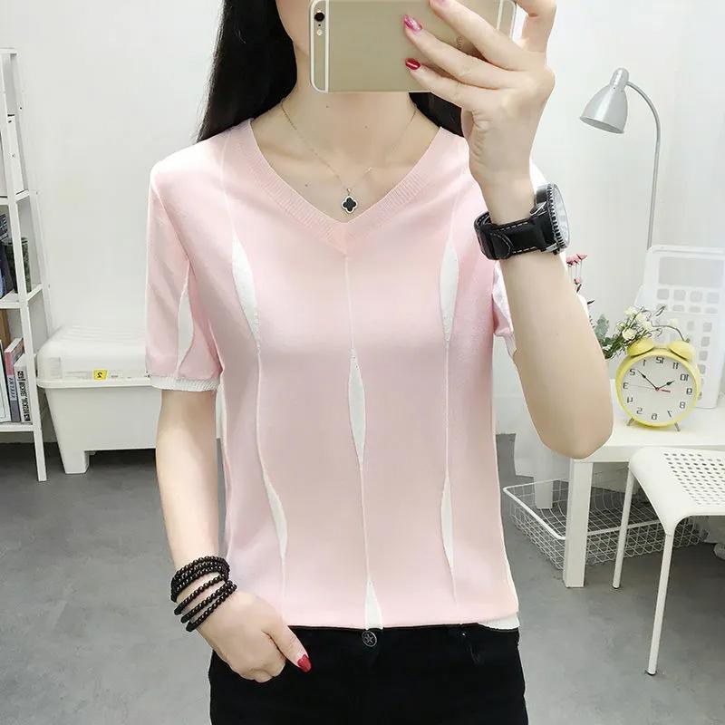 Ice Silk Short-sleeved T-shirt Women's Loose and Thin Summer Top Large Size Thin Bottoming Knitted Sweater