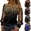 Cold Shoulder Splicing Printed Top Loose One-Shoulder Sequined Mesh T-Shirt Casual Sleeve Long Top Strapless Top