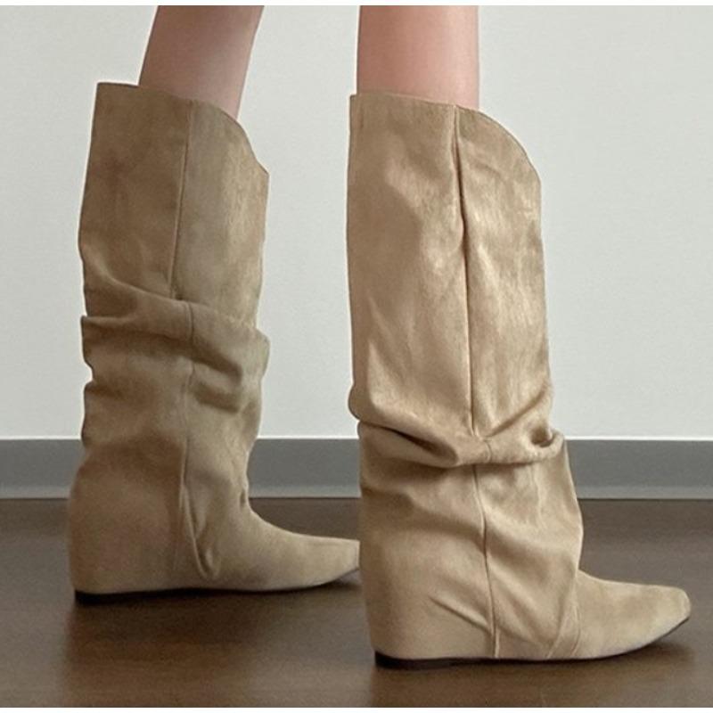 Новый стиль Женские осенне-зимние плиссированные женские ботинки в стиле вестерн, ковбойские ботинки на внутренней платформе, ботильоны-рыцари Zapatos De Mujer