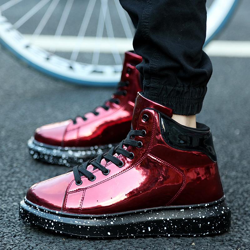Красные зеркальные блестящие мужские туфли из лакированной кожи с высокими верхними кроссовками, мужская повседневная обувь для скейтбординга в стиле хип-хоп, мужская дизайнерская обувь на плоской подошве
