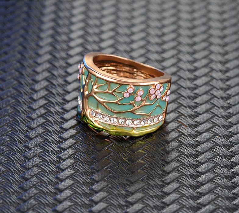Новейшие кольца для пальцев в виде цветущего дерева, модное широкое кольцо из золота, с розовым опалом и зеленой эмалью, для женщин, для вечеринок, с кристаллами, винтажная бижутерия