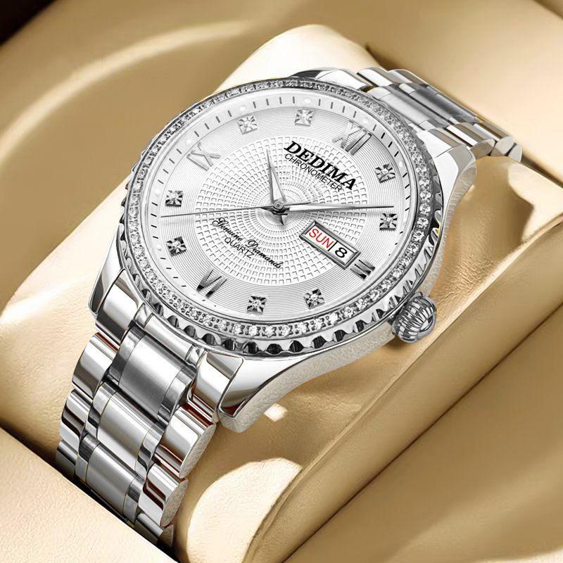 High Quality Luxury Business Diamond All Gold Watch Double Calendar Solid Stainless Steel Butterfly Buckle Men's Waterproof Luminous Quartz Watch