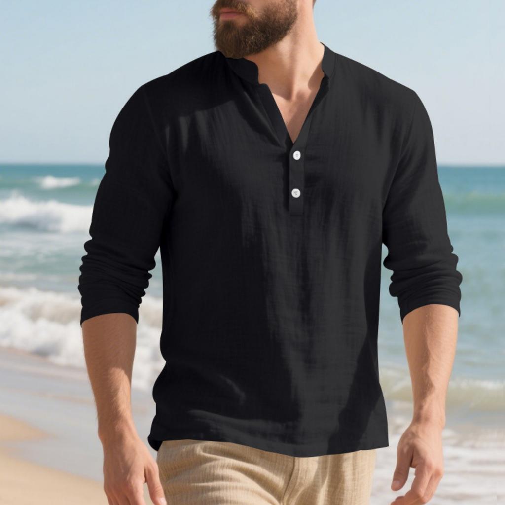Мужская льняная футболка с длинным рукавом - Свободный крой, воротник-стойка, пуговицы, повседневный топ с длинным рукавом