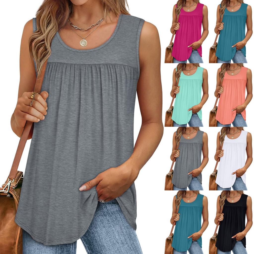 Womens Casual O Neck Loose Solid Color Sleeveless Top T-shirt Summer Tank Tops For Women Tank Camisole Sleeveless Basic Solid Tops