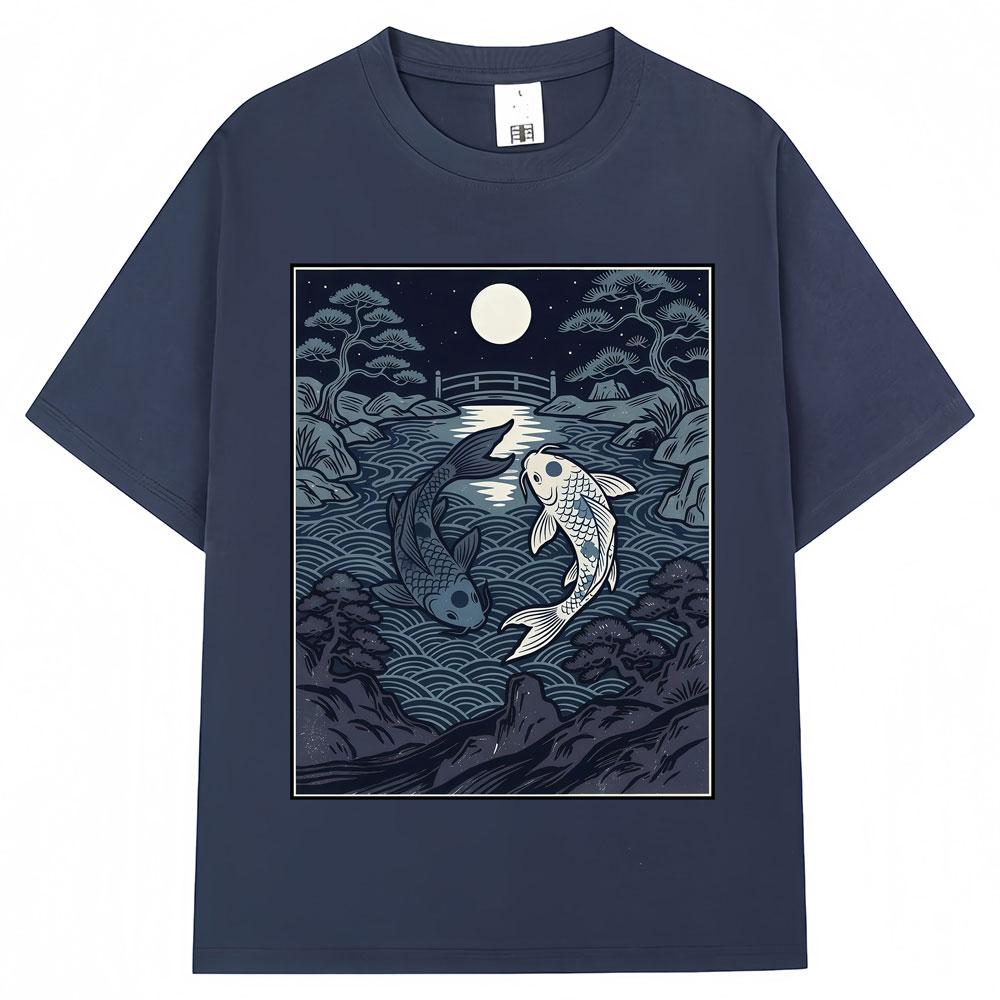 Japanese Style Yin Tang Koi Fish Moonrise Graphic T Shirt Unisex Unisex Fashion Vintage Tshirts Oversized Cotton Casual Y2k Tshirt
