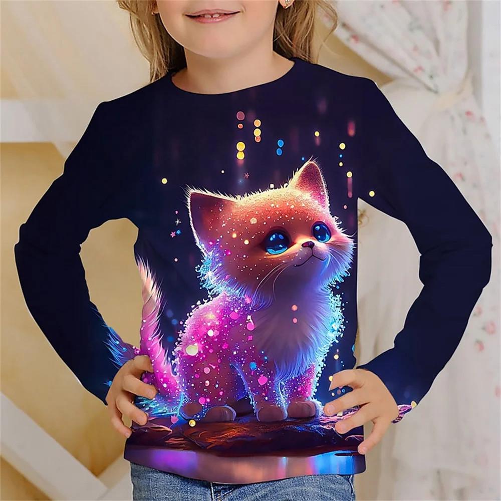 Children's T-Shirt Kawaii Full Sleeves T-Shirts for Girl Tiger Cat Cute Tees Clothes 2023 Autumn Kid Top O-Neck Outdoor Clothing