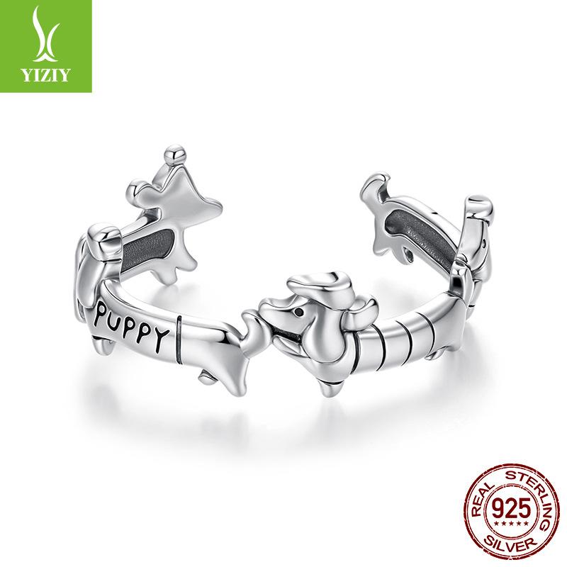 S925 Sterling Silver Dachshund Open Ring, Adjustable Ring For Fun Cute Animal Puppy