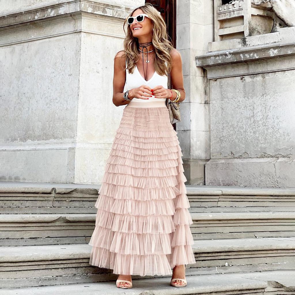 Cake Skirts Women Elegant Cascading Ruffles A Line Long Skirts Female Casual Elastic Waist Party Lace Skirt