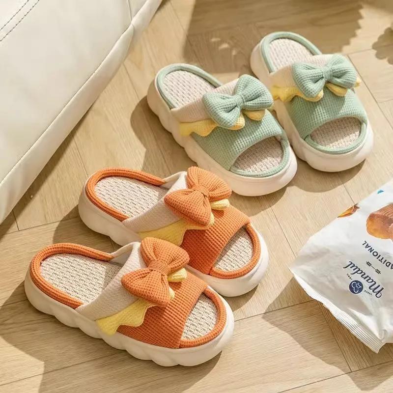 Тапочки женские домашние тапочки Comzy нескользящие домашние хлопковые туфли милые банты плоские тапочки парные тапочки весна лето