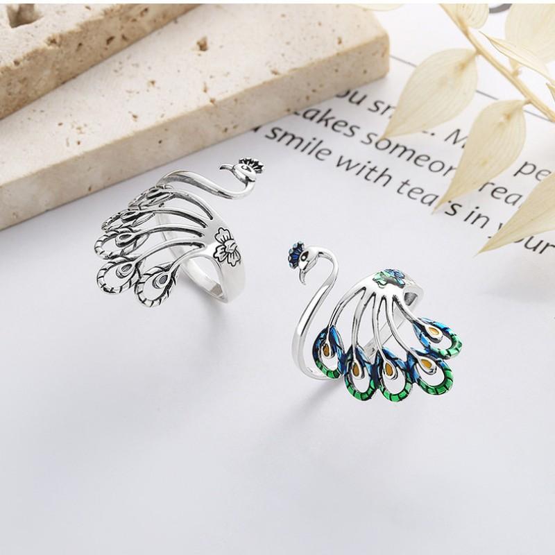 Adjustable Open Ring Men Women Vintage Ethnic Peacock Design Copper Plated Retro Boho Finger Jewelry