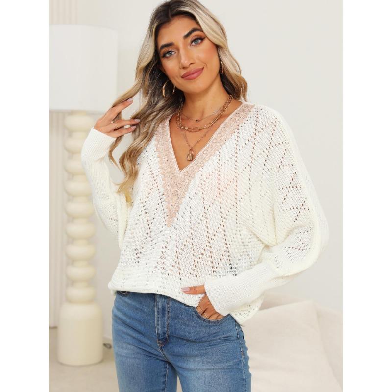 Женский свитер осень/зима с вырезом, кружевом и V-образным вырезом в стиле пэчворк с рукавами летучая мышь