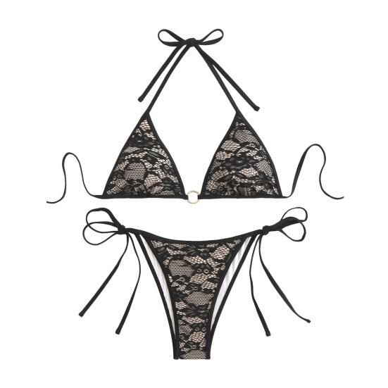 2Pcs/Set Women Bikini Set Halter Swimsuit with Bow Lace-ups Low-rise Swimming Trunks Set