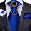 Официальный синий галстук для мужчин, классический однотонный шелковый галстук, носовой платок, запонка, металлическая цепочка, брошь, булавка, деловой набор
