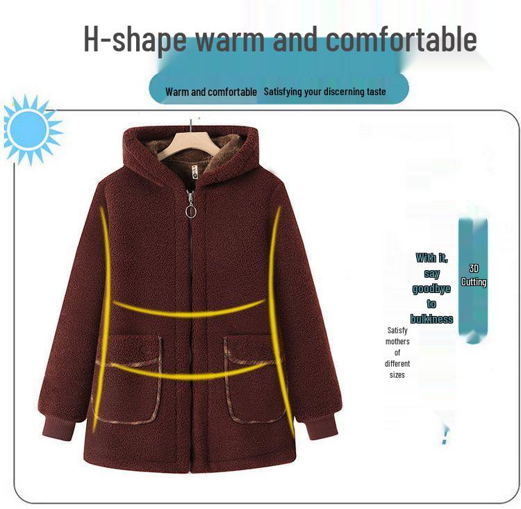 Mom's Plus Size Hooded Fleece-Lined Winter Coat for Middle-Aged and Elderly Women - Lambswool Padded Jacket
