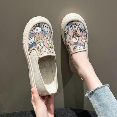 2024 Новые туфли на платформе для женщин с принтом, повседневная обувь из парусины, студенческие туфли на плоской подошве для скейтбординга, мокасины без застежек