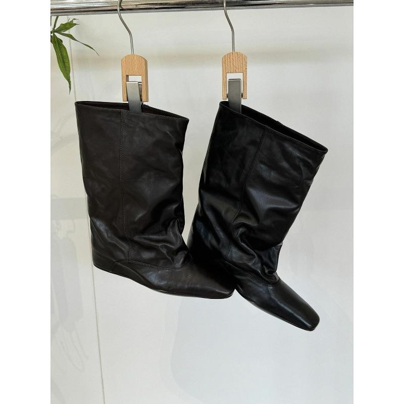 Коровья кожа~ Осень и зима новые ботинки с внутренней высотой 5 см, квадратный носок, свободный голенище, полусапоги, женские короткие ботинки, модные рыцарские ботинки