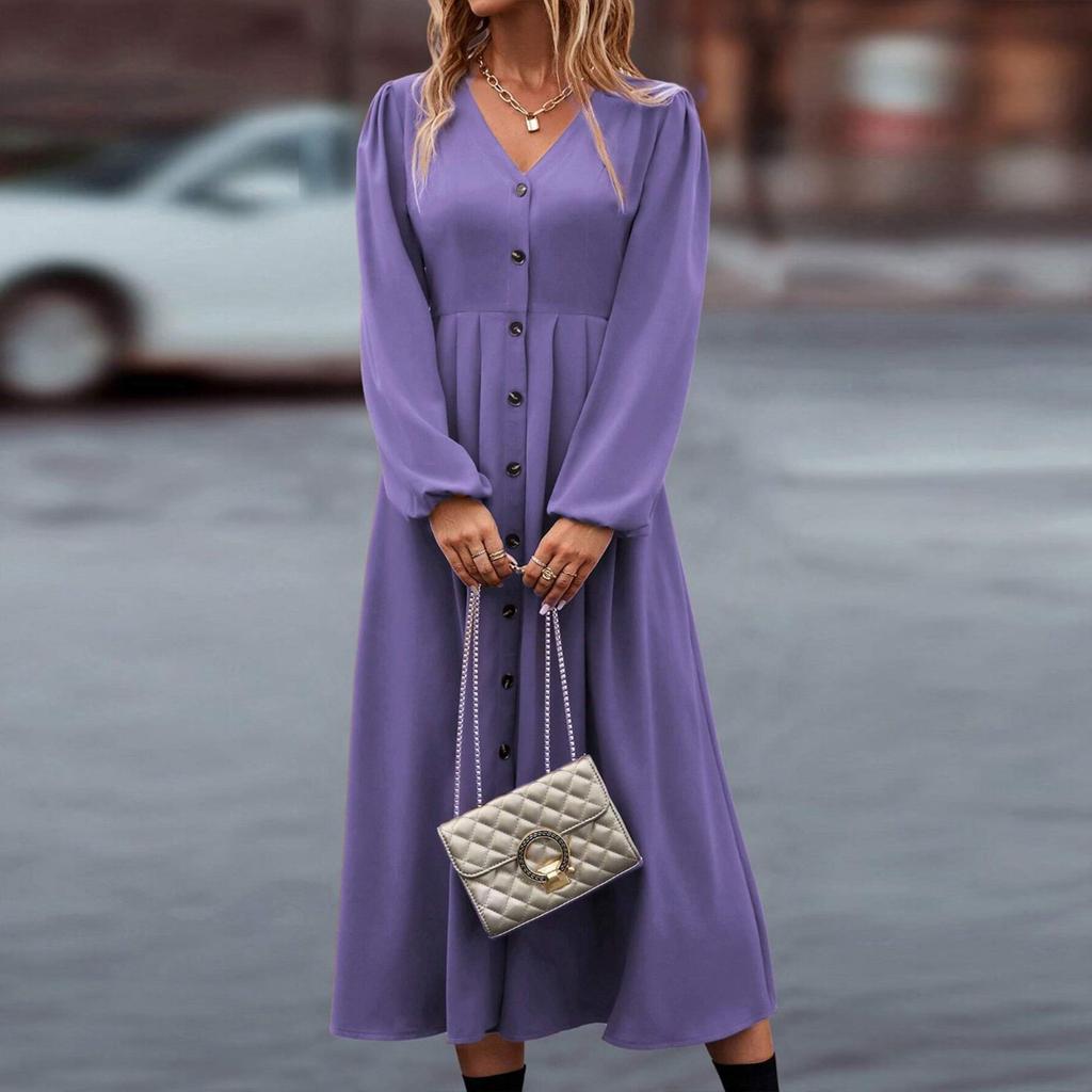 Женское однотонное элегантное облегающее платье А-силуэта с V-образным вырезом и длинными рукавами и высокой талией