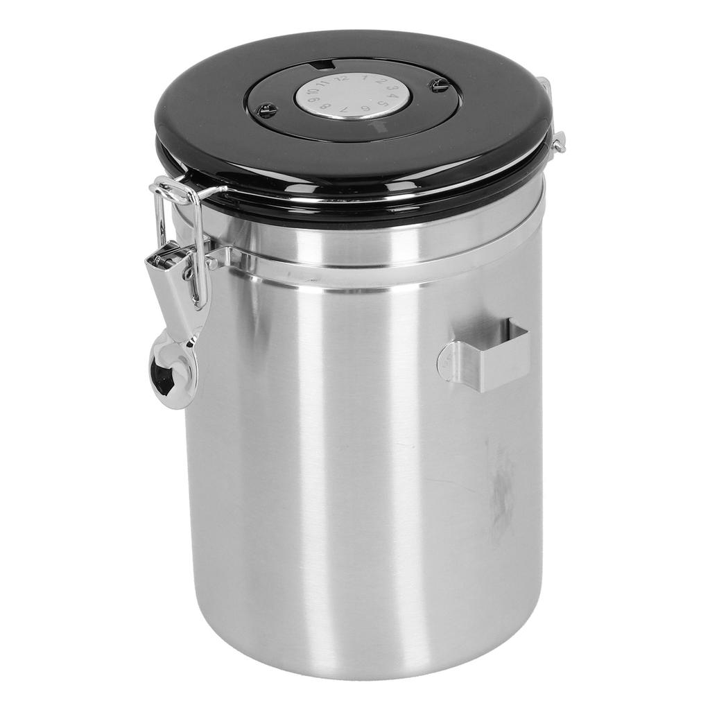 Контейнер для кофейных зерен с выпускным клапаном Контейнер для хранения из нержавеющей стали с герметичной крышкой и ложкойСеребристый