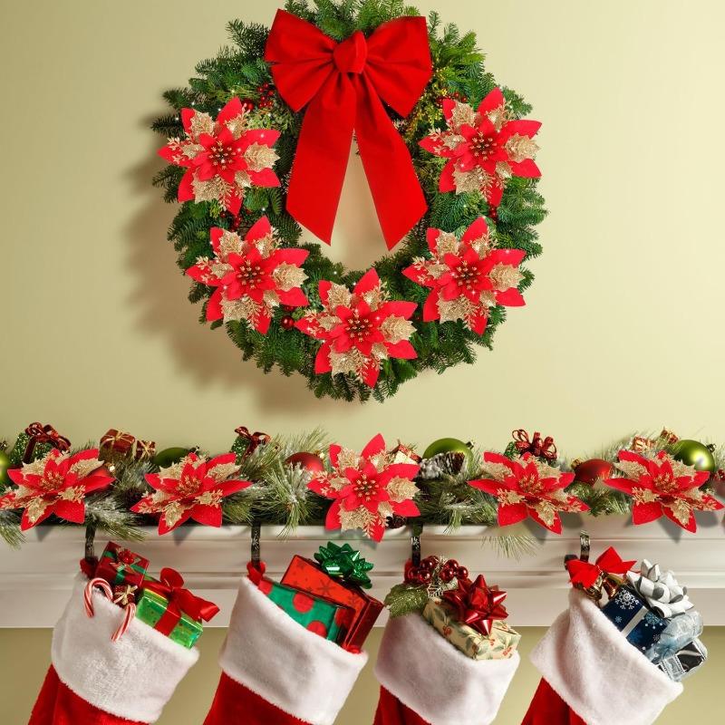 Christmas Red Gold Glitter Flowers Artificial Poinsettia Flower for Xmas Tree Ornaments Navidad New Year Party Home Decoration